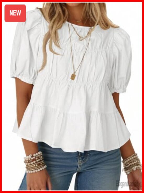 Tops - Women's Cotton Puff Sleeve Babydoll Top Summer Flowy Blouse